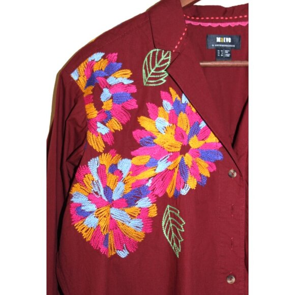 ANTHROPOLOGIE Maeve Embroidered Button-Up Cotton Shirt Wine, Size 6 - Picture 5 of 9